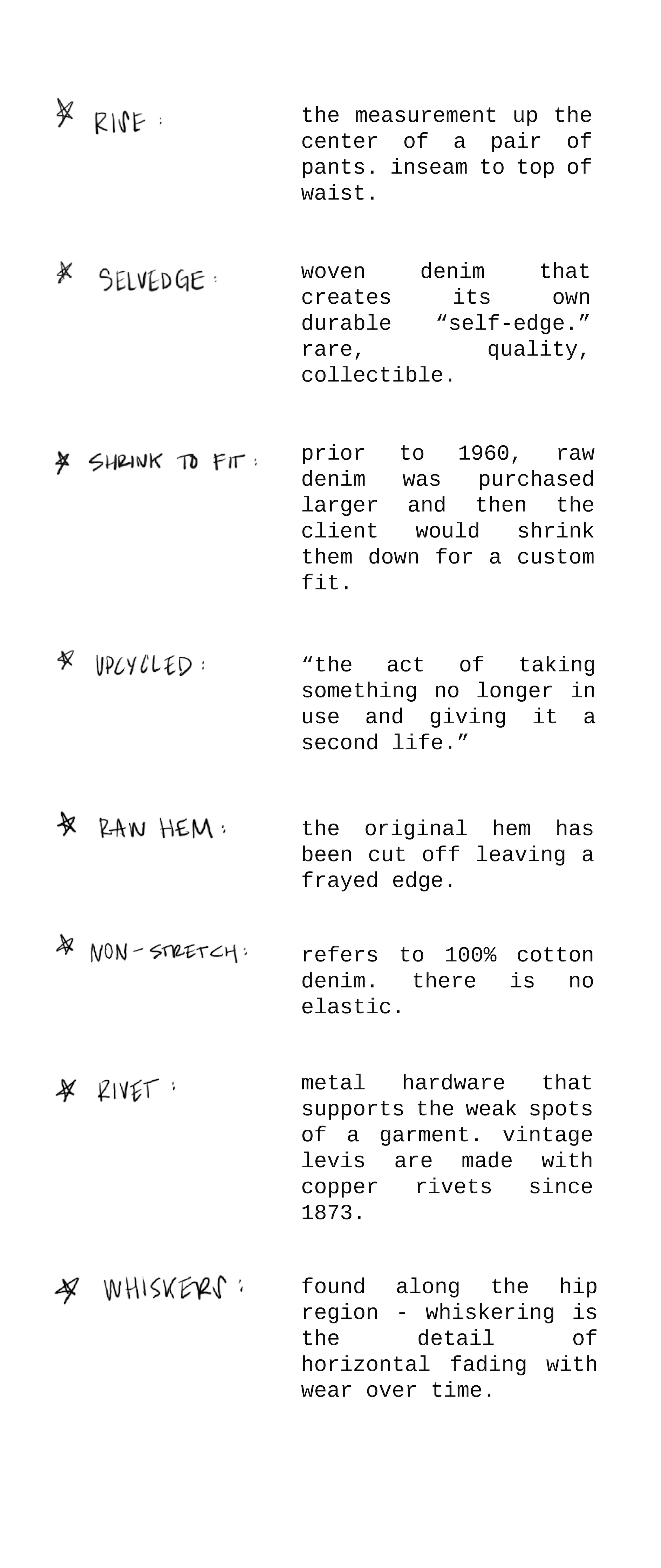 A list of terms and definitions for vintage denim terminology. If you have trouble reading this, please reach out to hello@vintageforpeoples.com.