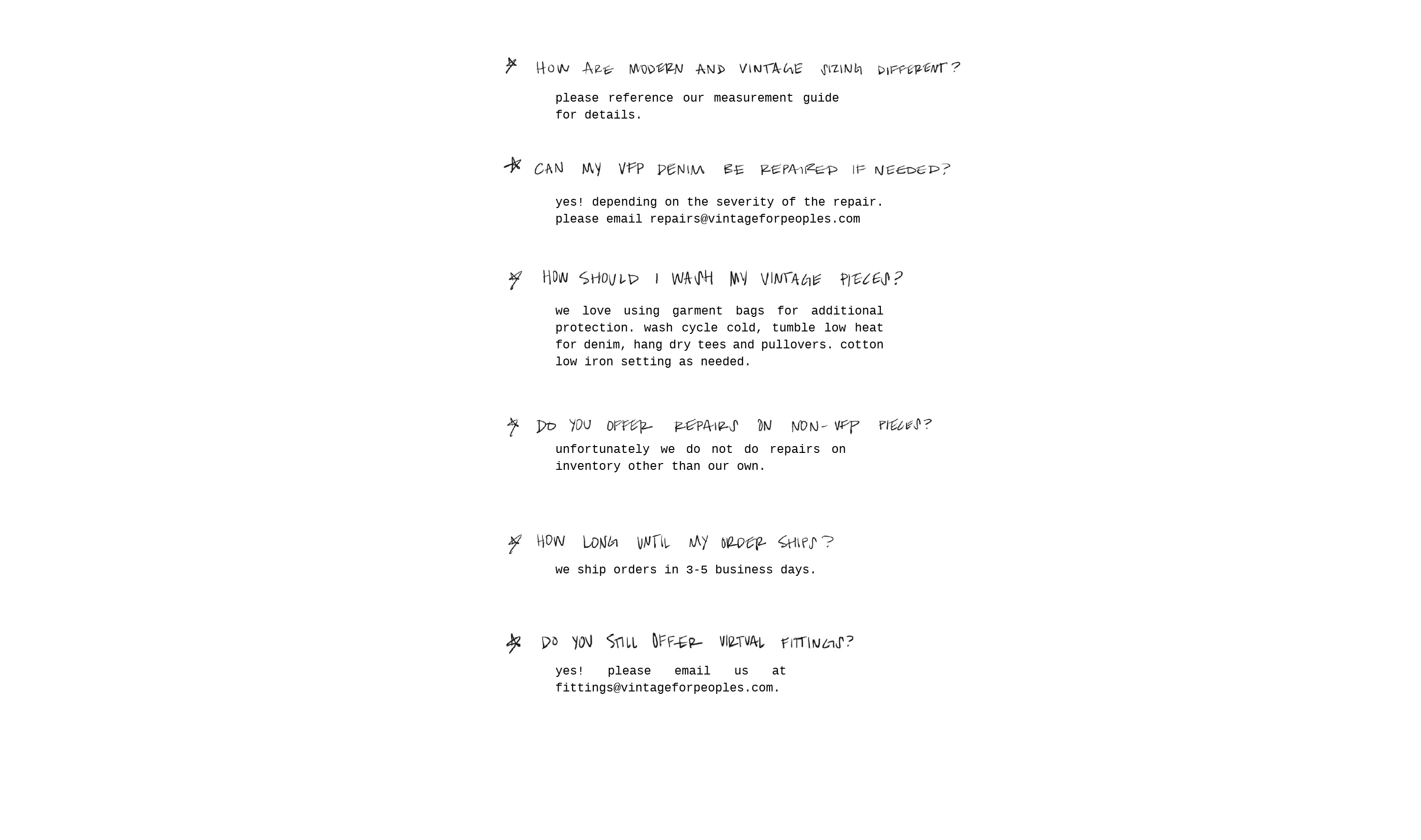 A handwritten list of frequently asked questions and their answers. If you have trouble reading this, please reach out to hello@vintageforpeoples.com.