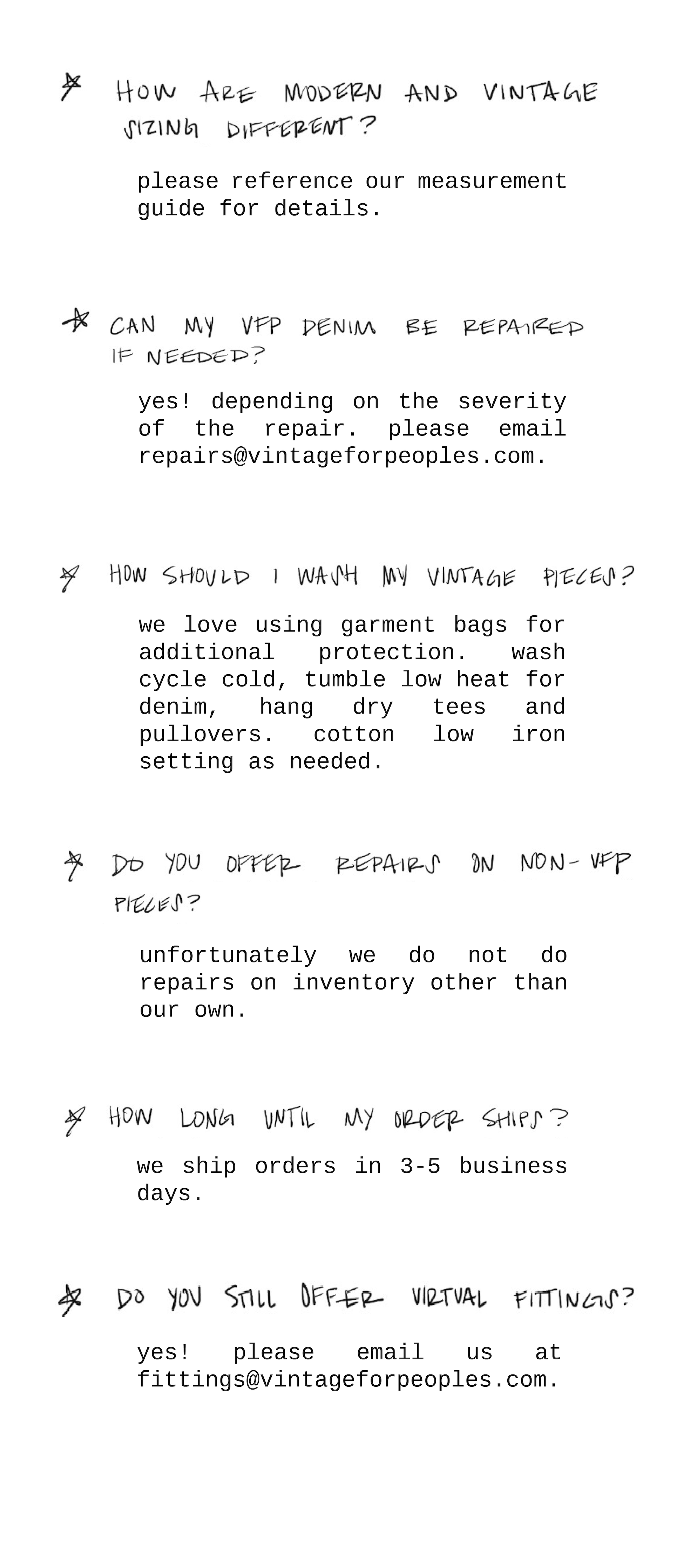 A handwritten list of frequently asked questions and their answers. If you have trouble reading this, please reach out to hello@vintageforpeoples.com.