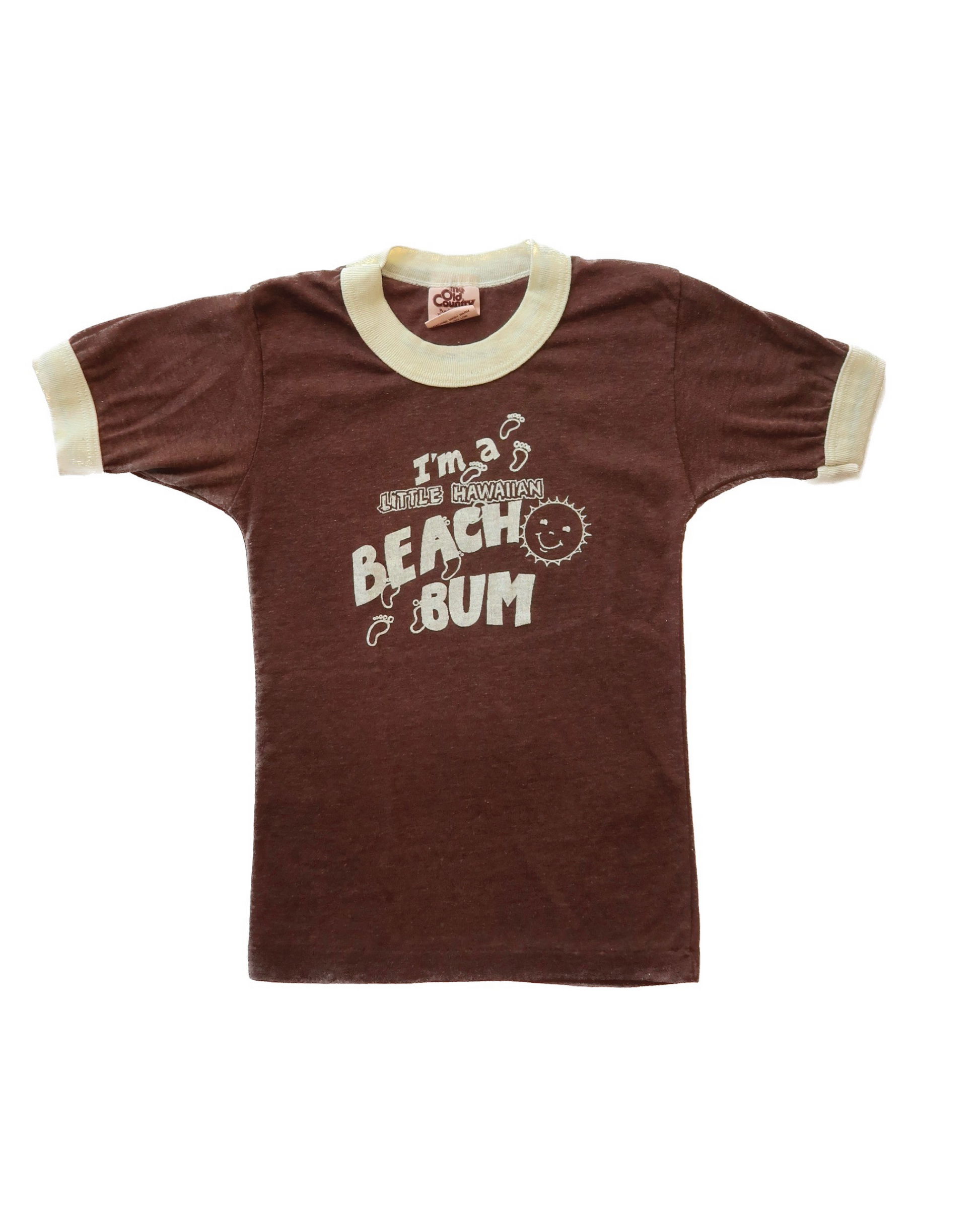 keiki ringer tee, brown with cream piping. graphic reads "i'm a little hawaiian beach bum" with a smiling sun and little footprint graphics. 1970s,  12 inch pit to pit,  18 inch neck to bottom,  100% cotton,  rare/thin,  blank on back,  one of one.